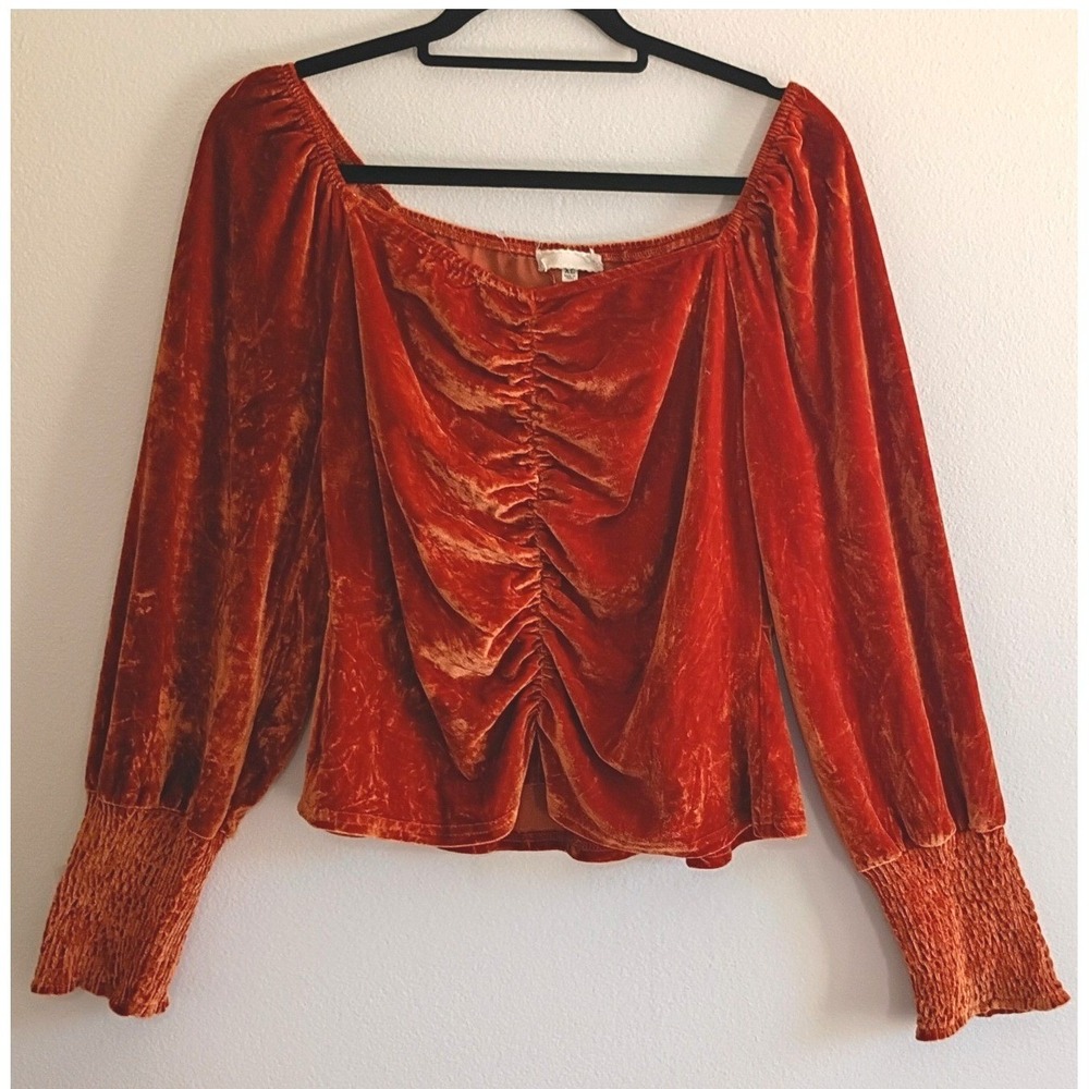 Burnt Orange Ruched Velvet Top Long Smocked Sleeve XL Boho Sweetheart Neckline